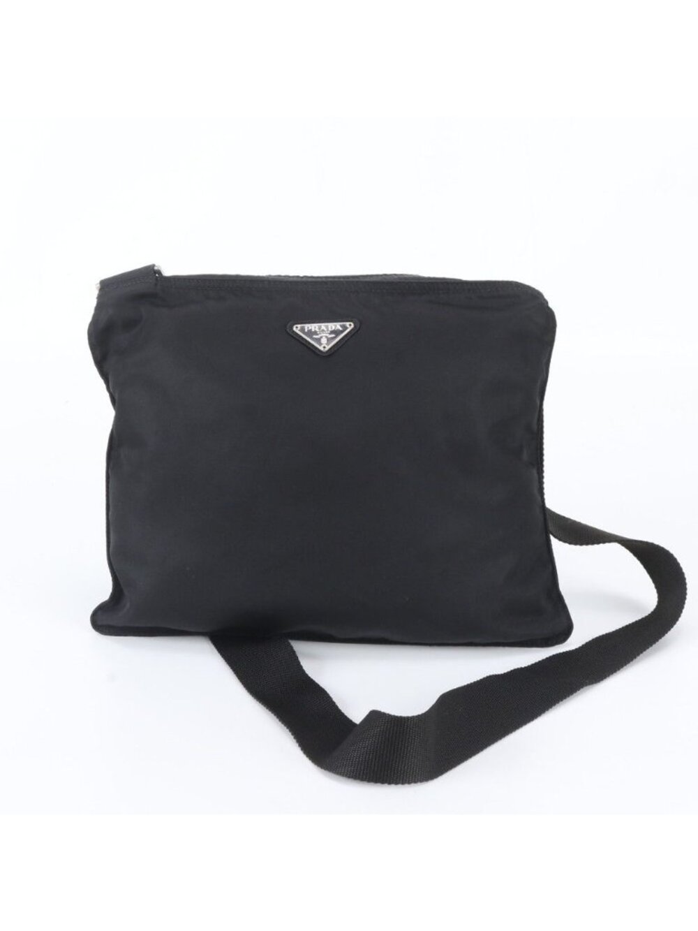 Prada Tessuto Nylon Triangle Logo Leather Shoulder Bag Crossbody Messenger Black